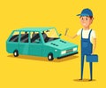 Car repair. Funny mechanic. Vector cartoon illustration Royalty Free Stock Photo