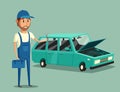 Car repair. Funny mechanic. Vector cartoon illustration Royalty Free Stock Photo