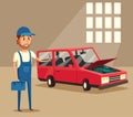 Car repair. Funny mechanic. Vector cartoon illustration Royalty Free Stock Photo