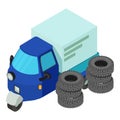 Car repair icon isometric vector. Automobile tire near three wheeled car icon