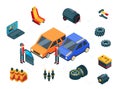 Car repair. Isometric car parts vector concept. Autos, tires, door, gas tank, battery and mechanics