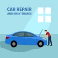 Car repair and maintenance service concept vector illustration. Auto mechanic automobile repair station. Repairman looking engine
