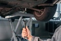 Car repair, maintenance and vehicle inspection concept. Man holding wrench in front of a car Royalty Free Stock Photo