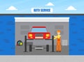 Car Repair Service, Auto Mechanic Character in Overalls Fixing Red Car Lifted on Autolifts Vector Illustration