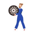 Car Repair Service with Bearded Man Mechanic Carrying Auto Tyre Vector Illustration