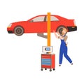 Car Repair Service with Bearded Man Mechanic Lifting Up Auto Vector Illustration