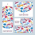 Car repair service business flyer template set, vector illustration. Auto cars transport service brochure with pattern