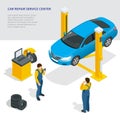 Car repair service center. Tire service flat set with shop car repair mechanics. Flat 3d isometric vector illustration.