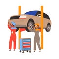 Car Repair Service with Man Mechanic Near Lifted Up Auto Vector Illustration Royalty Free Stock Photo