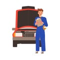 Car Repair Service with Man Mechanic Standing with Clipboard Near Open Motor Hood Vector Illustration