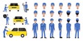 Car repair and service. Mechanic repairs and diagnostics car of auto service cartoon character head set and animation vector