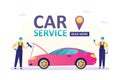 Car repair service. Modern auto and two servicemen with tools. Workers at work, troubleshooting and repair. Horizontal banner