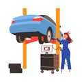 Car Repair Service with Woman Mechanic Pumping Up Tire with Lifted Auto Vector Illustration Royalty Free Stock Photo