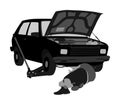 Car repair services mechanic on the road vector. Broken car on the road. Royalty Free Stock Photo