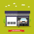 Car repair shop concept vector illustration in flat style. Auto mechanic with equipment and tools. Royalty Free Stock Photo