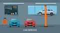 Car repair shop interior with cars and tools, professional service concept. Flat style. Vector illustration