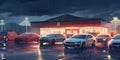 A car repair shop with several cars in the parking lot dy three generative AI Royalty Free Stock Photo