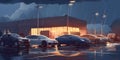 A car repair shop with several cars in the parking lot dy two generative AI