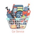 Car repair station basket mechanic vehicle auto garage service vector illustration. Transportation technician mechanical