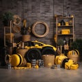 A car repair workshop of all types with tools and retro car, anniversary smash cake backdrop
