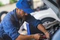 Car repairs. Auto mechanic working with wrench in engine. Mechanic at work