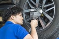 Car repairs. Auto services and Small business concepts. The car service mechanic is replacing the wheels. Removing the wheel