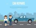 Car repairs banner with people near broken pickup