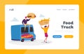 Car Restaurant Wagon, Transport on Wheels Landing Page Template. People Buy Street Food, Junk Meals from Food Truck