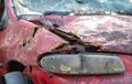 Car riddled with bullets. War of Russia against Ukraine. A car of civilians shot by the Russian military during the evacuation of Royalty Free Stock Photo