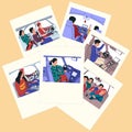 Car ride cards. People drive transport. Photos composition. Person at auto wheel. Family with children in vehicle salon