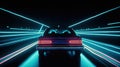 Car ride on the neon road in 80s retro synthwave style