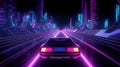Car ride on the neon road in 80s retro synthwave style. Generated AI.