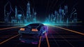 Car ride on the neon road in 80s retro synthwave style. Generated AI.