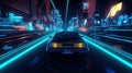 Car ride on the neon road in 80s retro synthwave style. Generated AI. Royalty Free Stock Photo