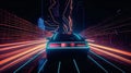 Car ride on the neon road in 80s retro synthwave style. Generated AI.