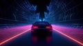 Car ride on the neon road in 80s retro synthwave style. Generated AI.