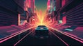 Car ride on the neon road in 80s retro synthwave style. Generated AI.