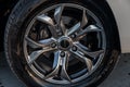 Car rims detail, part of vehicle wheel with disc brake, automobile industry, extreme auto sport concept, selective focus Royalty Free Stock Photo