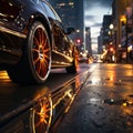 Car rims in the display case and asphalt background