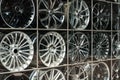 Car rims in shopping window display Royalty Free Stock Photo