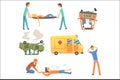 Car Road Accident Resulting In People Health Damage And Ambulance Helping The Victims Set Of Stylized Cartoon