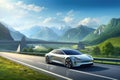 Car on the road with Alps in the background. 3D rendering, Electric car driving on a highway in the summer, mountains in the