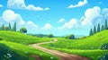 A car road in fields with green grass and a forest on the horizon. Modern illustration of summer countryside landscape Royalty Free Stock Photo