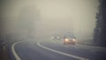 Car on the road in the fog. Autumn landscape - dangerous road traffic in winter season