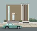 Car on the road and House. Vector Illustration