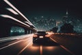 car on the road with motion blur and city background, night scene. Generative AI Royalty Free Stock Photo