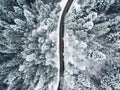 Car on road in winter trough a forest covered with snow Royalty Free Stock Photo