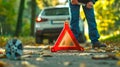 Car roadside assistance scene in autumn. Bright red warning triangle on ground. Out of focus background includes car and Royalty Free Stock Photo