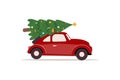 The car on the roof is driving to the Christmas tree, Merry Christmas and Happy New Year, New Year`s background. vector Royalty Free Stock Photo