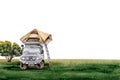 Car with roof top tent on grass with a tree. 4WD truck. Camping card design for adventure, tourism, outdoors, 4x4 off-roading. Royalty Free Stock Photo